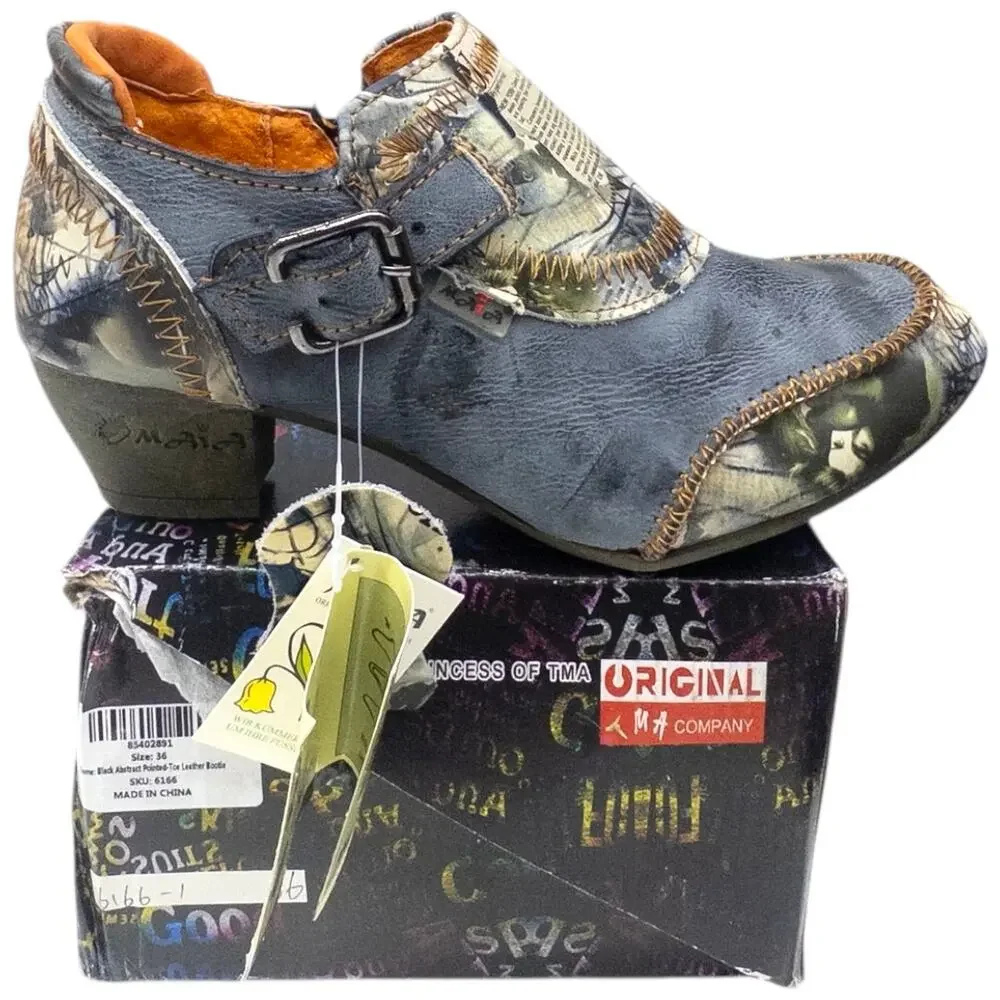 TMA Eyes Women's 6.5 Shooties Newsprint Patchwork  Distressed Heels